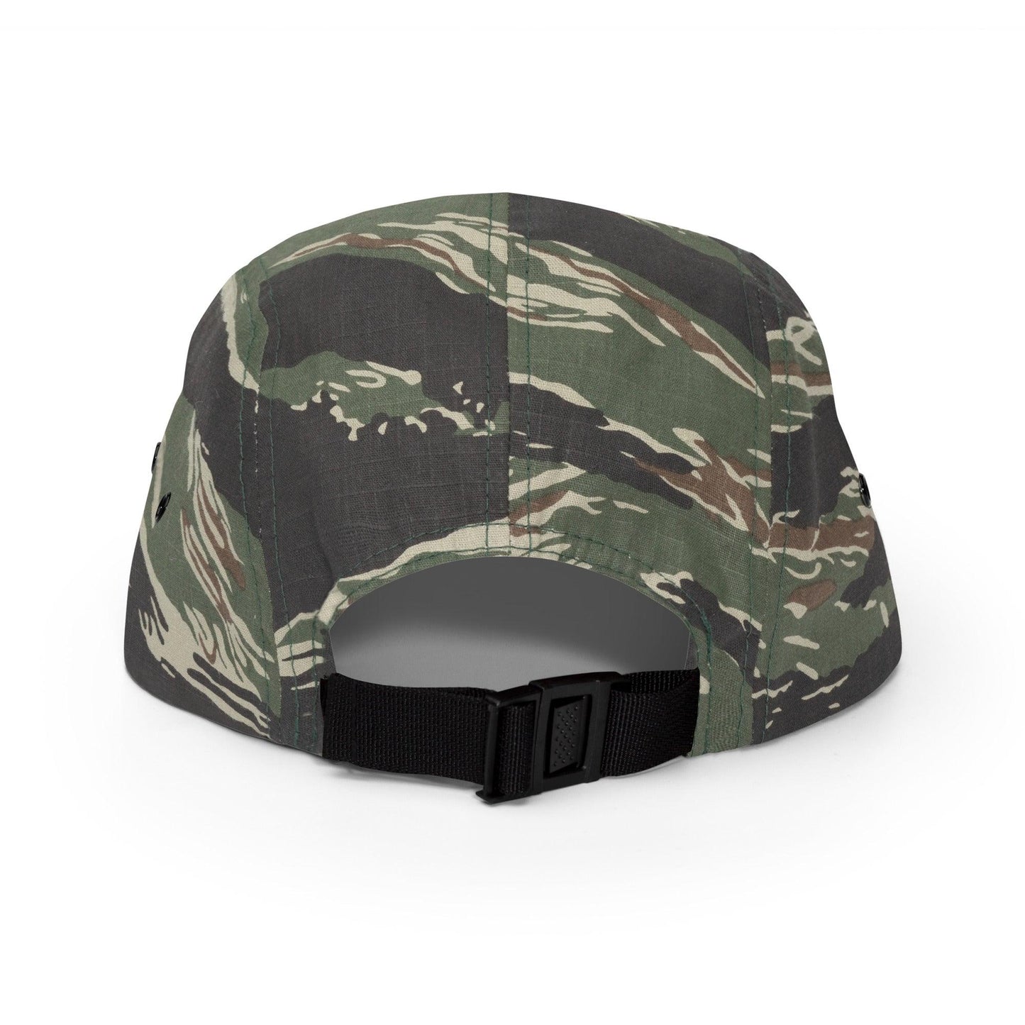 Tiger camo 5 panel camper hat with BAS Swimwear logo back view