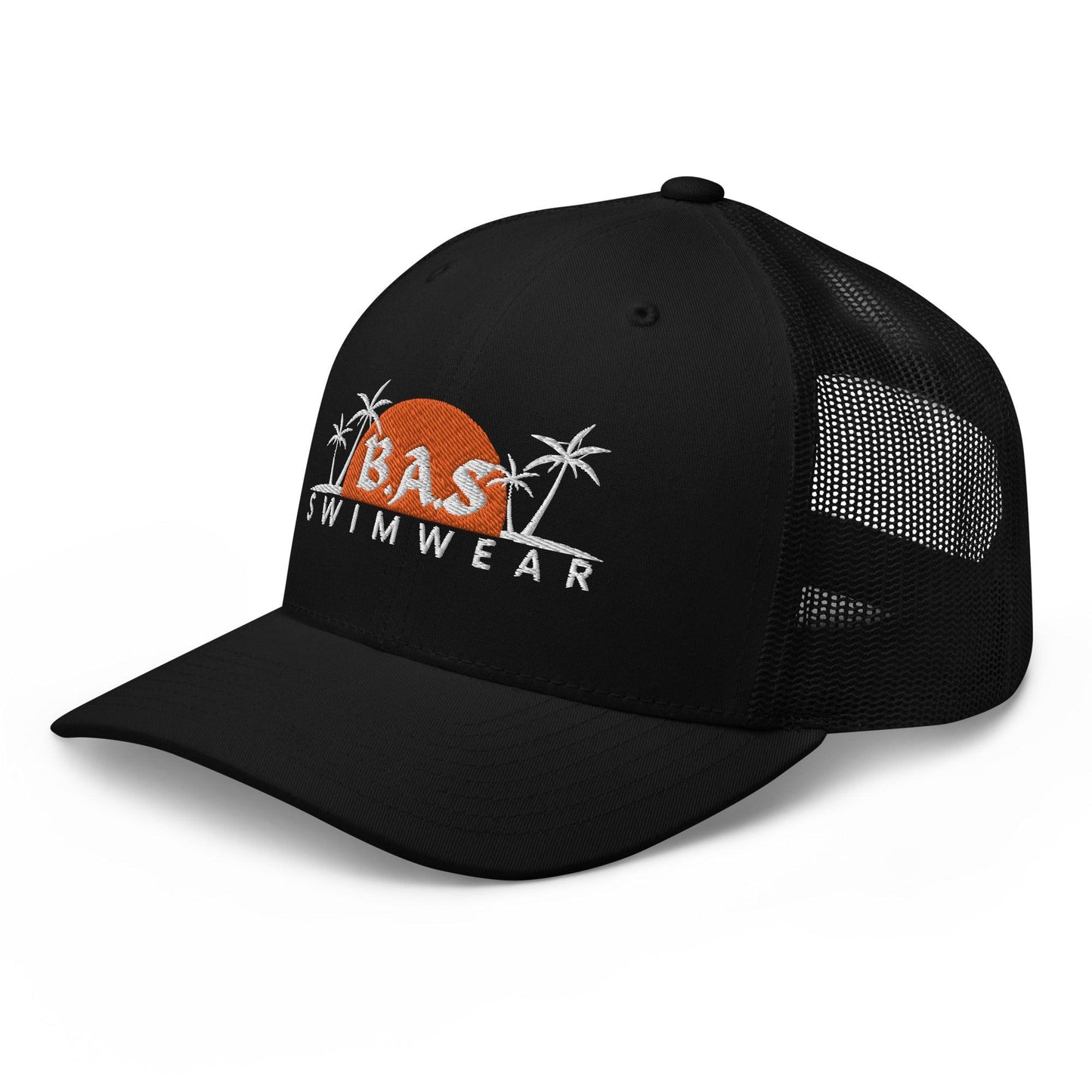 Black Trucker hat with BAS Swimwear logo side view