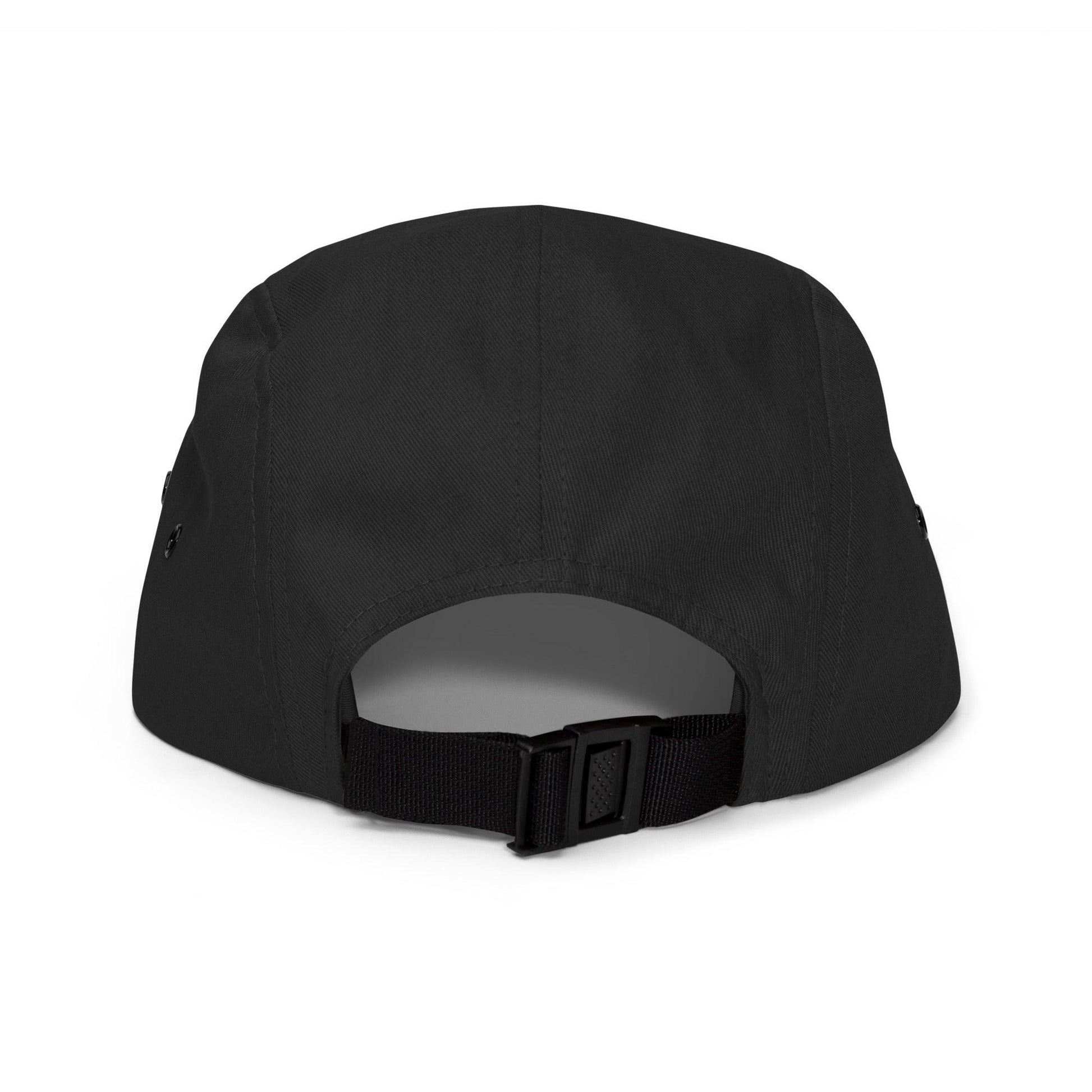 Black 5 panel camper hat with BAS Swimwear logo back view