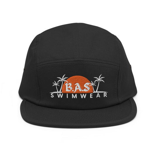 Black 5 panel camper hat with BAS Swimwear logo