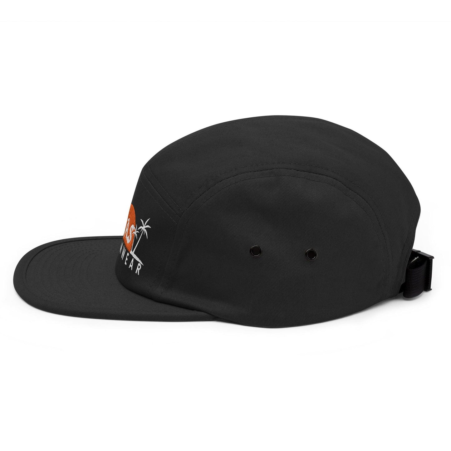 Black 5 panel camper hat with BAS Swimwear logo side view