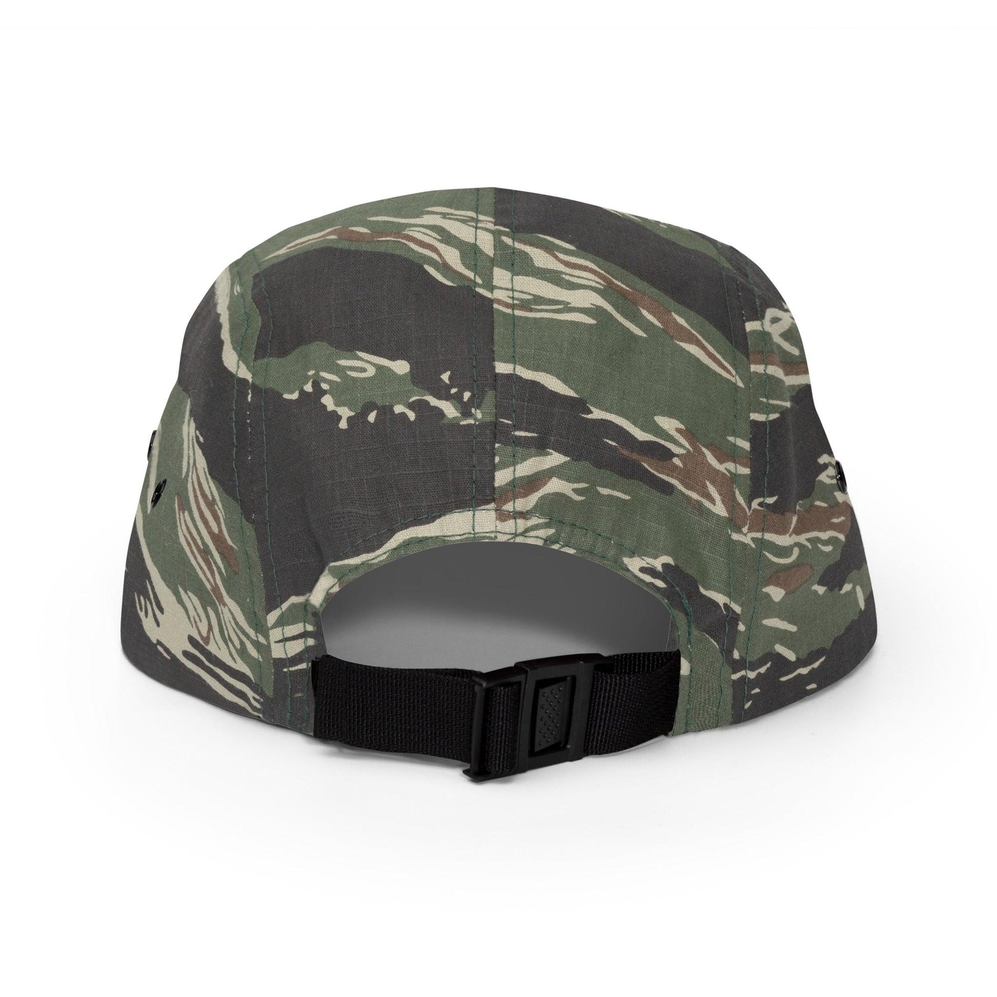Tiger camo 5 panel camper hat with BAS Swimwear logo back view