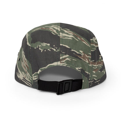 Tiger camo 5 panel camper hat with BAS Swimwear logo back view