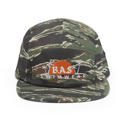 Tiger camo 5 panel camper hat with BAS Swimwear logo