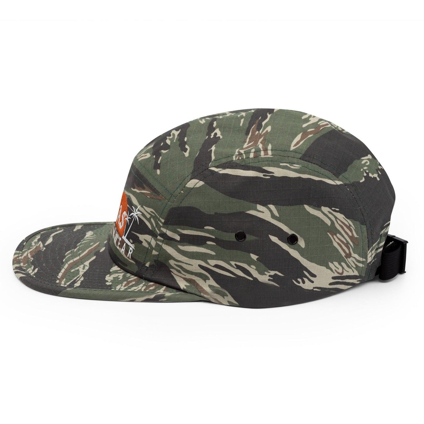 Tiger camo 5 panel camper hat with BAS Swimwear logo side view
