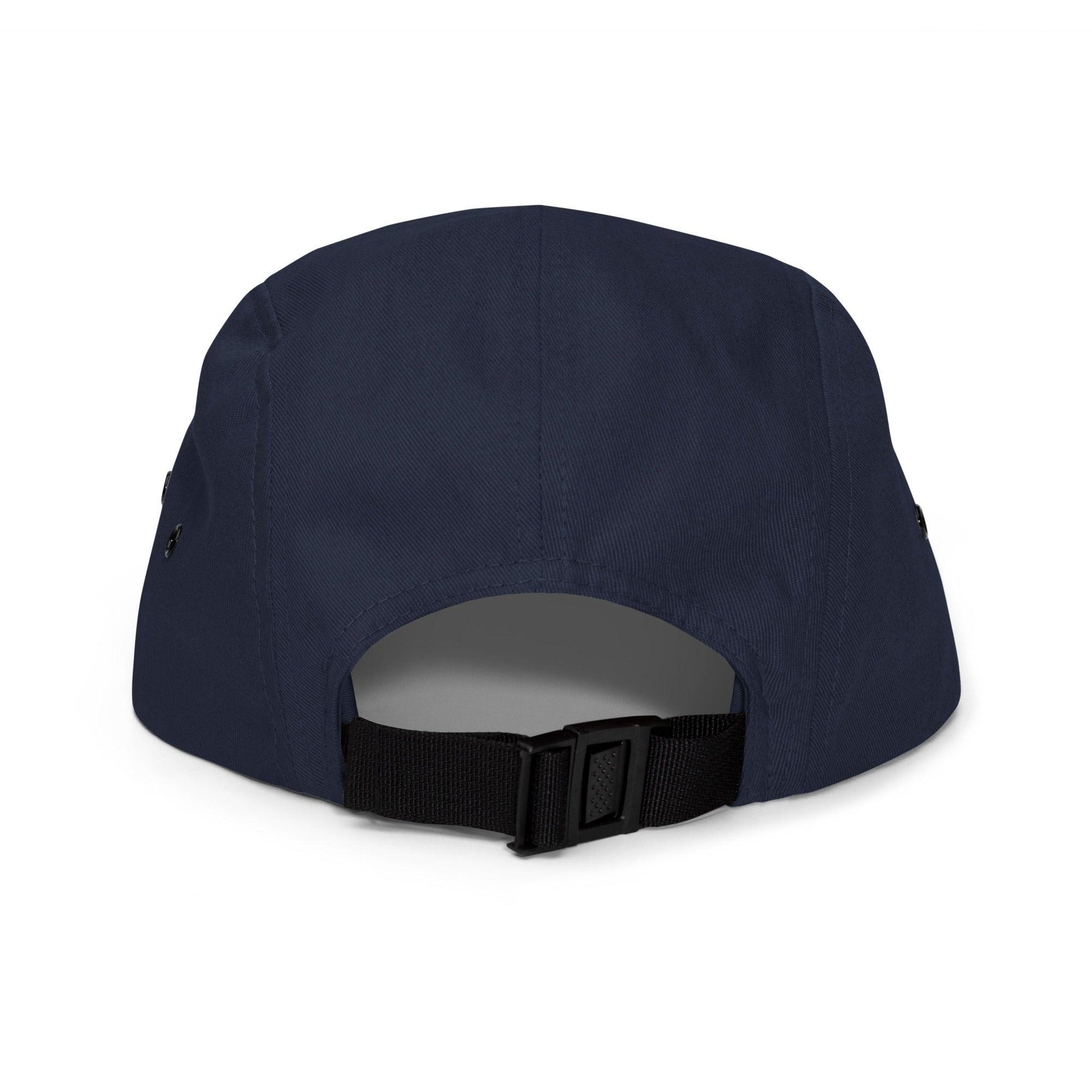 Navy 5 panel camper hat with BAS Swimwear logo back view