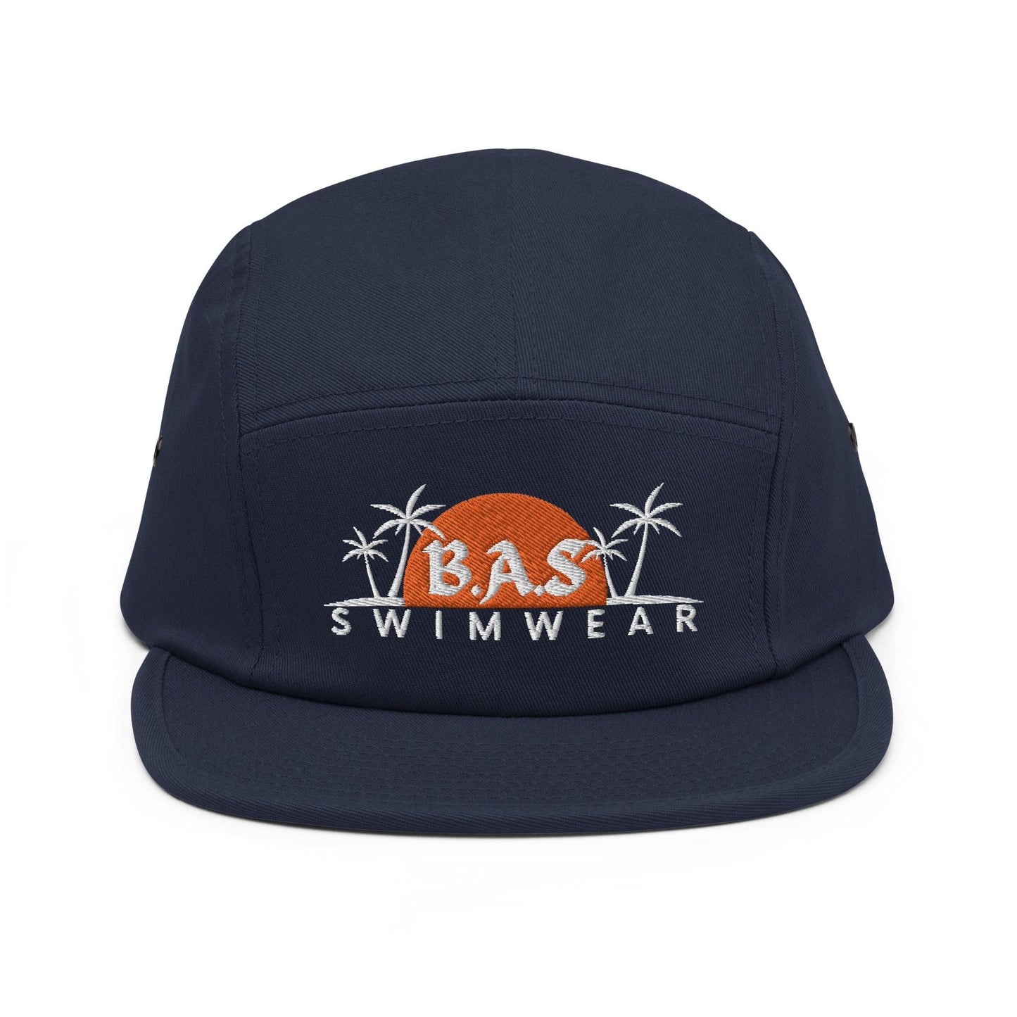 Navy 5 panel camper hat with BAS Swimwear logo