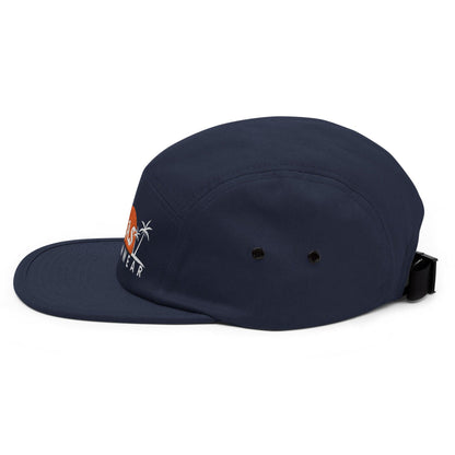 Navy 5 panel camper hat with BAS Swimwear logo side view