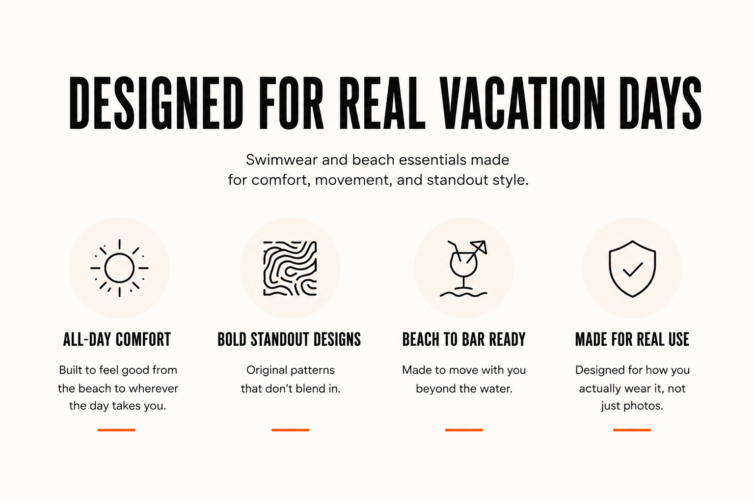 Promotional text and icons about swimwear and beach essentials on a white background