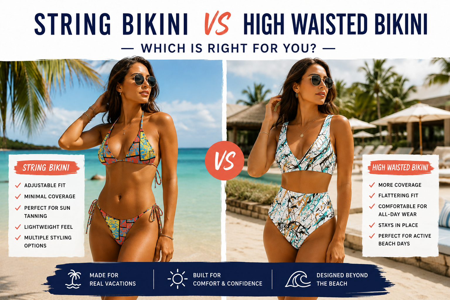 Comparison between string bikini and high waisted bikini with a woman modeling each style on a beach.