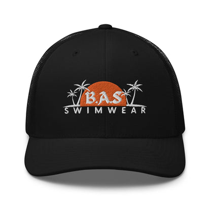Black Trucker hat with BAS Swimwear logo