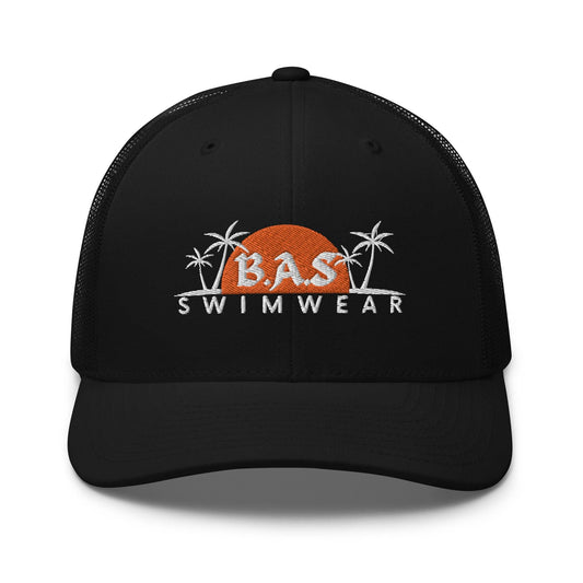 Black Trucker hat with BAS Swimwear logo